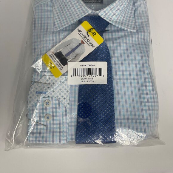 Nick Graham Men’s Dress Shirt & Tie Set Light Blue 14-15 32/33 Modern Fit NWT - Picture 4 of 12